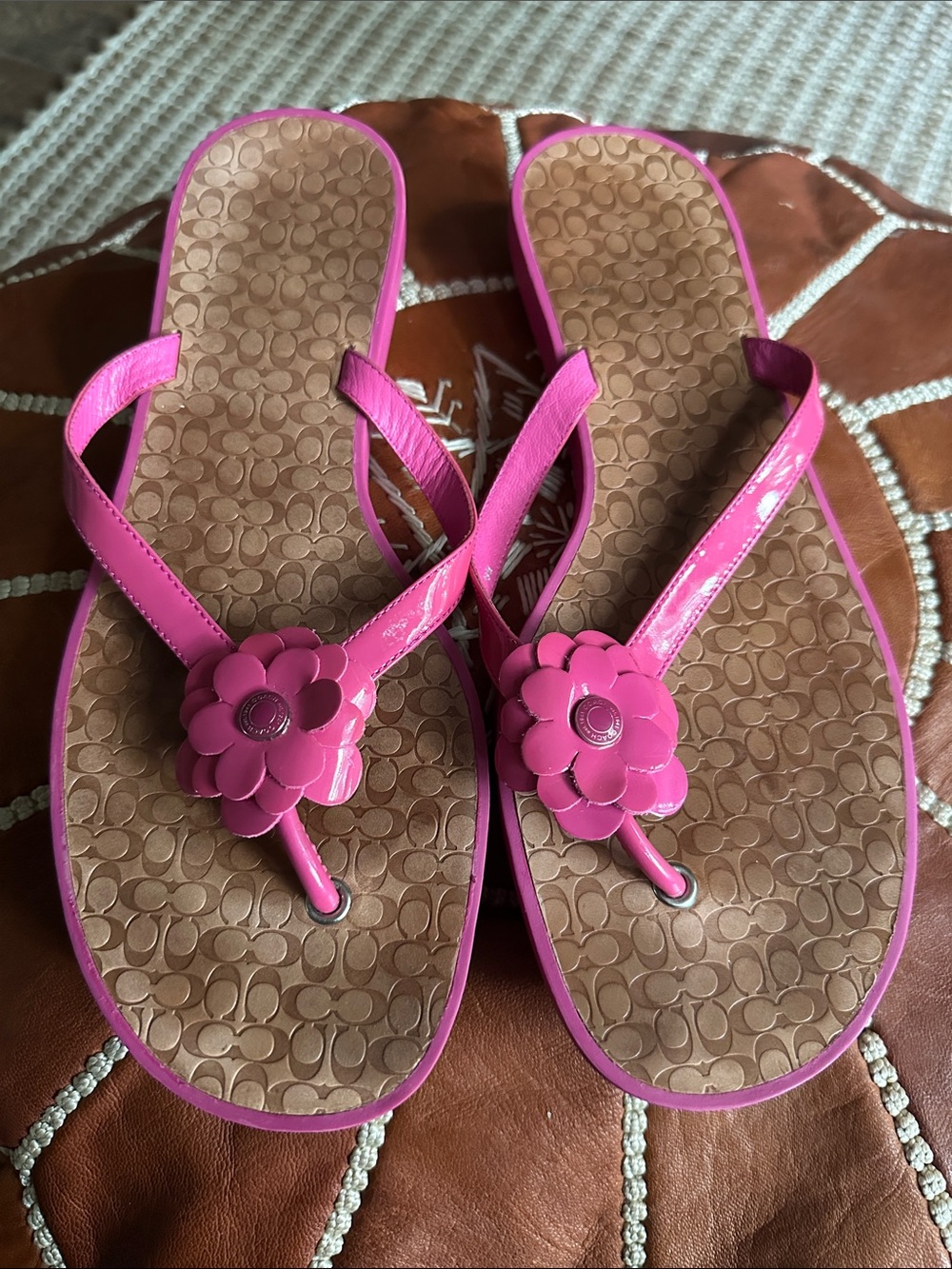 Coach Hot Pink Floral Patent Thong Sandals